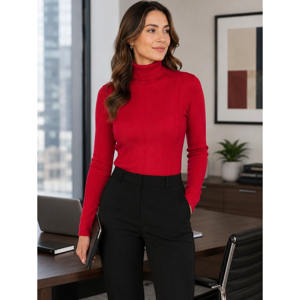 Cato Womens Small Red Ribbed Turtleneck Sweater Stretch Knit Pullover Top